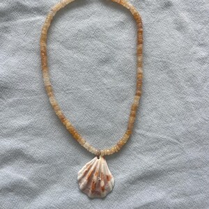 May include: A necklace featuring a shell pendant and a beaded strand. The shell pendant is white with orange and brown markings. The beaded strand is made of small, square, amber-colored beads. The necklace is displayed on a light blue surface.