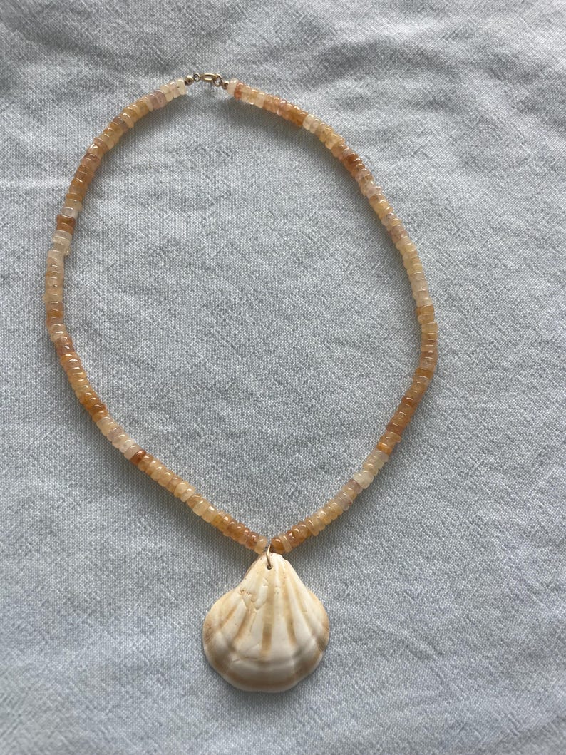 May include: A necklace featuring a shell pendant. The necklace has a strand of small, light brown beads. The pendant is a cream-colored shell with brown stripes. The necklace is on a light blue background.