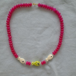 Beaded Fish Necklace - Three Fish Beads with Pink Agate Gemstone Beads, Sardine Summer, 14k Gold, Hypoallergenic, Coastal Jewelry