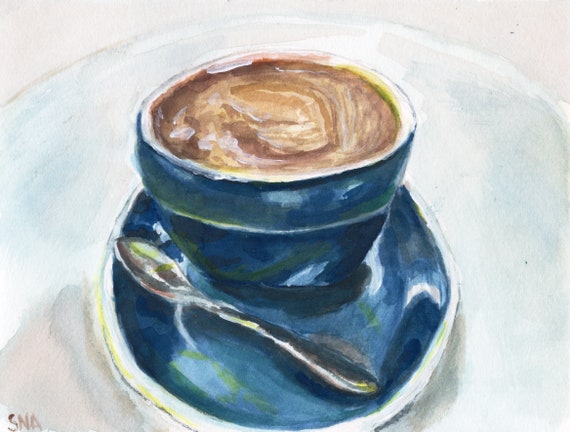 Latte Art Print, Coffee Mug Watercolor Wall Decor, Kitchen Cafe Poster, Coffee Bar Cart Decor