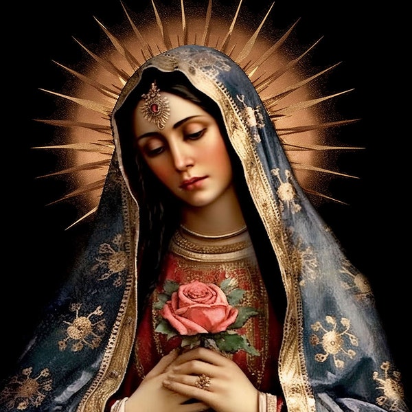 Digital Download Print Sacred Elegance: Virgin Mary with Single Pink Rose and Golden Sun