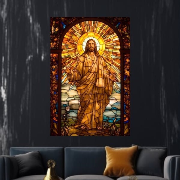 Sunlit Radiance: Stained Glass Jesus with Sun Canvas Print