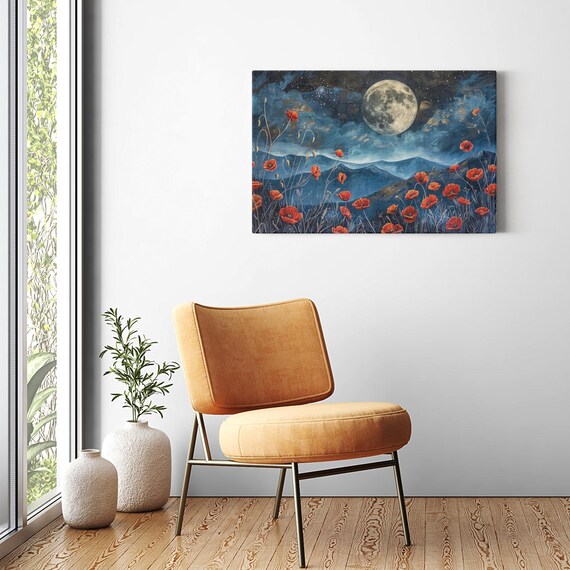 Dark Green Moon & Poppies Tapestry - Mountain Wall Art For Bedroom, Living Room (30x40 Inches)