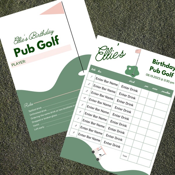 Birthday Pub Golf Scorecard Template, digital, editable, party activity, golf party, bar crawl, pub scorecard