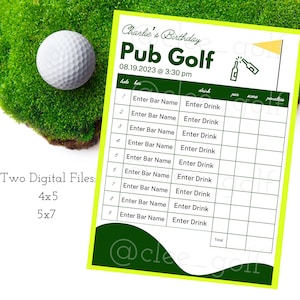 Birthday Pub Golf Scorecard template, digital, editable, party activity, golf party, bar, crawl, pub scorecard
