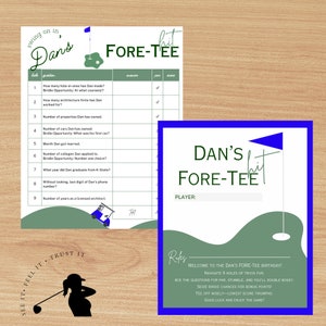 May include: A printable game card for a "Dan's Fore-Tee" birthday party. The card has a green golf course background with a hole and flag. The text on the card says "Welcome to the Dan's Fore-Tee Birthday! Navigate 9 holes of trivia fun. Ace the questions for par, stumble, and you'll double-bogey. Seize birdie chances for bonus points! Tee off wisely - lowest score triumphs. Good luck and enjoy the game!"