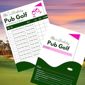 Birthday Pub Golf Scorecard template, digital, editable, party activity, golf party, bar, crawl, pub scorecard