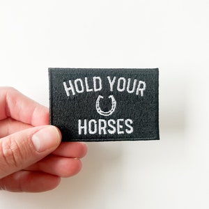 May include: Black fabric patch with white embroidery that reads "Hold Your 🧲 Horses".