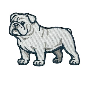 May include: An embroidered patch featuring a white bulldog with grey shading and a dark navy blue border. The design depicts the dog in a standing profile position, showcasing detailed stitching that defines the facial wrinkles and body shape.
