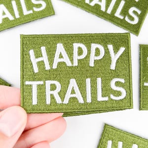 Happy Trails Embroidered Iron-On Patch in Green & White Perfect for Hiking Gear, Backpacks, Jackets Outdoor Adventure Nature Lover Accessory image 3