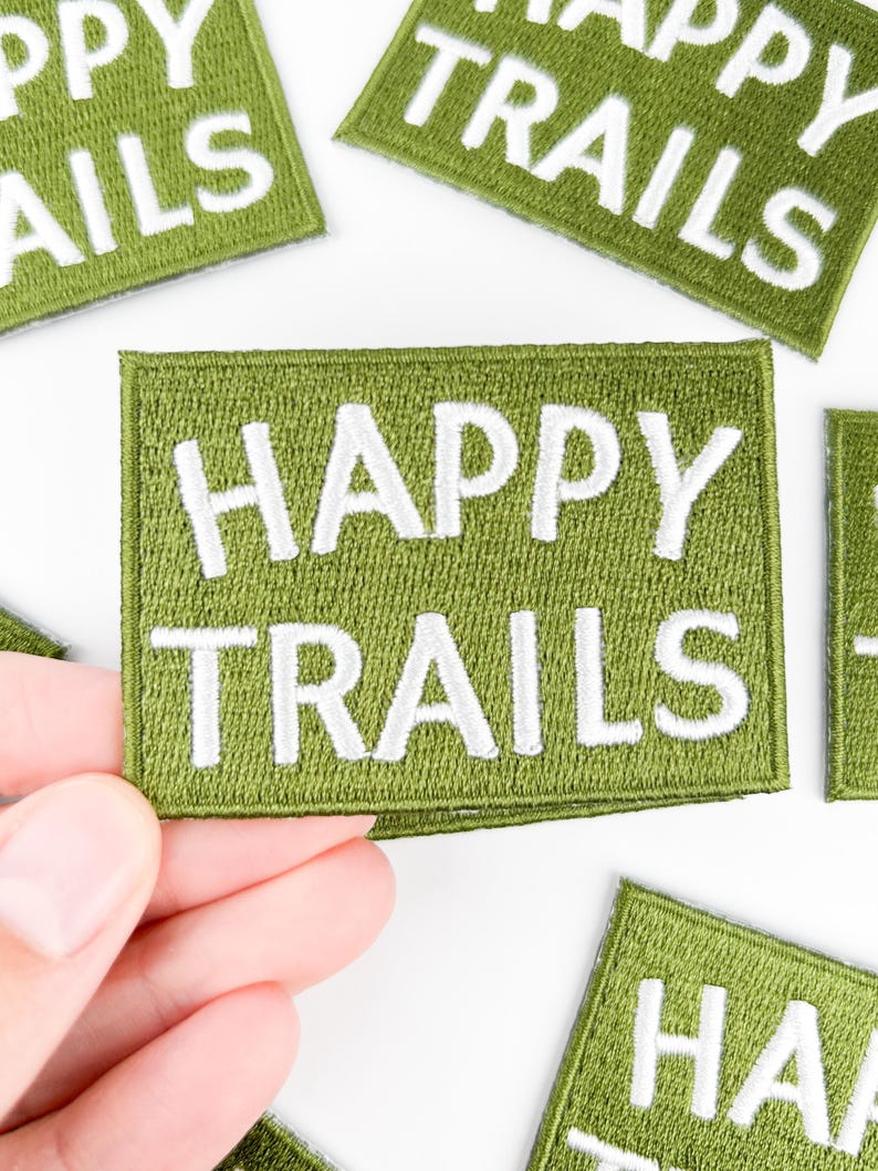 Happy Trails Embroidered Iron-On Patch in Green & White Perfect for Hiking Gear, Backpacks, Jackets Outdoor Adventure Nature Lover Accessory image 3