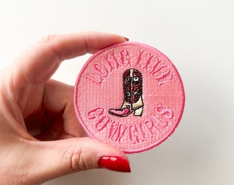 Long Live Cowgirls Pink Iron-On Patch Western Nashville Country Music Charm Embroidered Patch for Hat, Clothing or Bag, Bachelorette Party