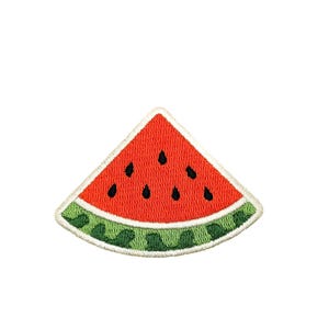 May include: A triangular watermelon slice patch featuring vibrant red embroidery for the fruit flesh, black embroidered seeds, and a green rind with a darker green pattern, all finished with a clean white stitched border edge.