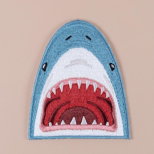 Shark Face Embroidered Iron-On Patch – Fierce Teeth Showing Design for Jackets, Bags, Coolers, Trucker Hats, Ocean & Beach Lovers