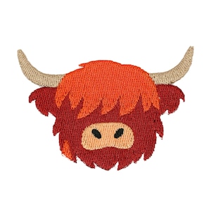 May include: An embroidered patch featuring the head of a Highland cow. The design displays a shaggy, deep red coat, a bright orange fringe covering the eyes, a light tan muzzle with two black nostrils, and two curved, light beige horns extending outward.