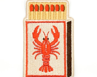 Parche bordado de caja de cerillas de langosta / Parche de langosta termoadhesivo / Parche de la costa de Nueva Inglaterra / Parche de Maine / Parche de caja de cerillas / Regalo de verano estilo preppy