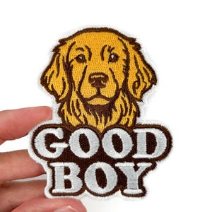 Good Boy Patch – Golden Retriever Embroidered Iron On Patch for Dog Lovers, Pet Parents, Backpacks, Jackets, Totes, and Dog Dads