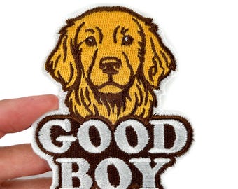 Parche Good Boy – Parche bordado termoadhesivo de Golden Retriever para amantes de los perros, dueños de mascotas, mochilas, chaquetas, bolsos y papás perrunos.