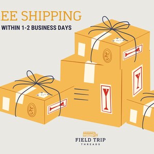 May include: Three tan cardboard shipping boxes tied with dark blue string. The boxes feature white tape, red fragile glass icons, and circular stamps. At the bottom, the text reads FIELD TRIP THREADS with a small yellow school bus icon above it.