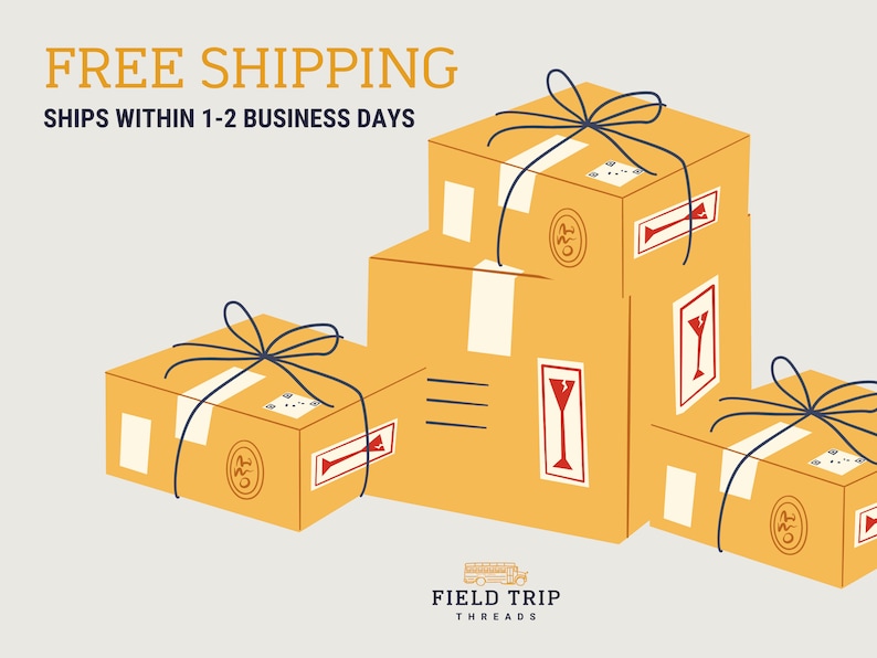 May include: Three tan cardboard shipping boxes tied with dark blue string. The boxes feature white tape, red fragile glass icons, and circular stamps. At the bottom, the text reads FIELD TRIP THREADS with a small yellow school bus icon above it.