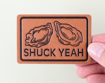 Leather Shuck Yeah Iron-on Sew-on Patch | Hats, Clothing and Bags, Trucker Hat Bar, Oyster Roast, Oyster Lover, Nautical Patch