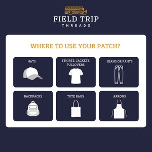 May include: An informational graphic with the text FIELD TRIP THREADS and WHERE TO USE YOUR PATCH? featuring white line icons of a hat, t-shirt, pants, backpack, tote bag, and apron on a dark blue background with a yellow school bus icon.