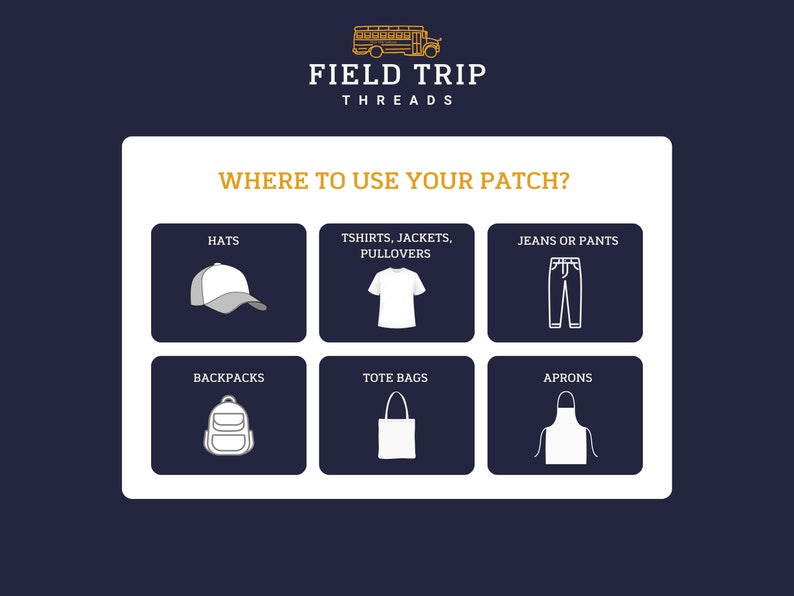 May include: An informational graphic with the text FIELD TRIP THREADS and WHERE TO USE YOUR PATCH? featuring white line icons of a hat, t-shirt, pants, backpack, tote bag, and apron on a dark blue background with a yellow school bus icon.