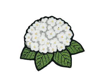 Parche bordado de hortensia, parche de flor blanca, parche de jardín floral, parche termoadhesivo estilo cottagecore, parche de aplique botánico, primavera/verano.