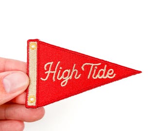 High Tide Patch – Nautical Sailing Pennant Embroidered Iron On Patch for Coastal Bags, Preppy Style, Lake Life, Yacht Club Vibes