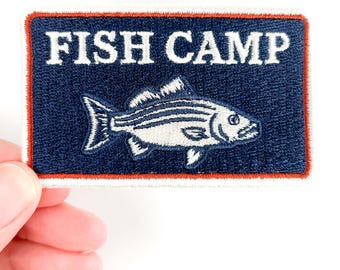 Fish Camp Patch – Embroidered Iron On Patch for Coastal Style, Southern Outdoors, Lake Life, Fishing Gear, Jackets, and Coolers