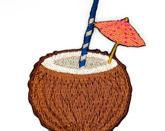 Parche bordado de bebida de coco / Parche tropical termoadhesivo / Parche de cóctel playero / Parche de vacaciones / Parche de playa de verano / Bolsa de piscina