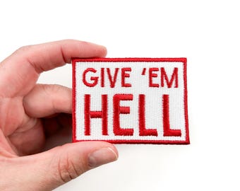 Give 'Em Hell Embroidered Iron-On Patch for Clothing, Hats and Bags Southern Outlaw Country Charm Cowboy Rodeo for Trucker Hat, Red, Crimson