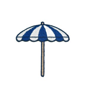 May include: Embroidered patch of a beach umbrella with a blue and white striped canopy and a tan pole. The umbrella has a scalloped edge and a small, round finial at the top. The patch is designed to be sewn or ironed onto fabric.