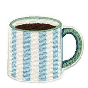 May include: An embroidered patch shaped like a coffee mug with vertical light blue and white stripes. The mug features a dark brown interior representing coffee, a light green rim, and a dark green handle with a light green border.
