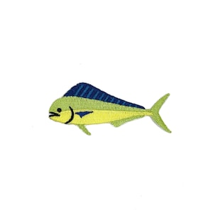 May include: Embroidered patch featuring a stylized mahi-mahi fish. The fish has a yellow body, a blue and green dorsal fin, and a green tail. The patch is designed for application on clothing or accessories.