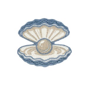 May include: Embroidered seashell patch in light blue and beige. The open shell design features detailed stitching and a central pearl. Ideal for craft projects and clothing embellishment. The patch is suitable for various craft projects and apparel embellishment.