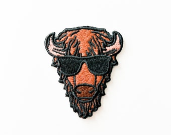 Buffalo Iron On Patch | Bison with Sunglasses Iron-On Patch for Hats, Clothing and Bags, Buffalo, Colorado, Deion Sanders Sunglasses