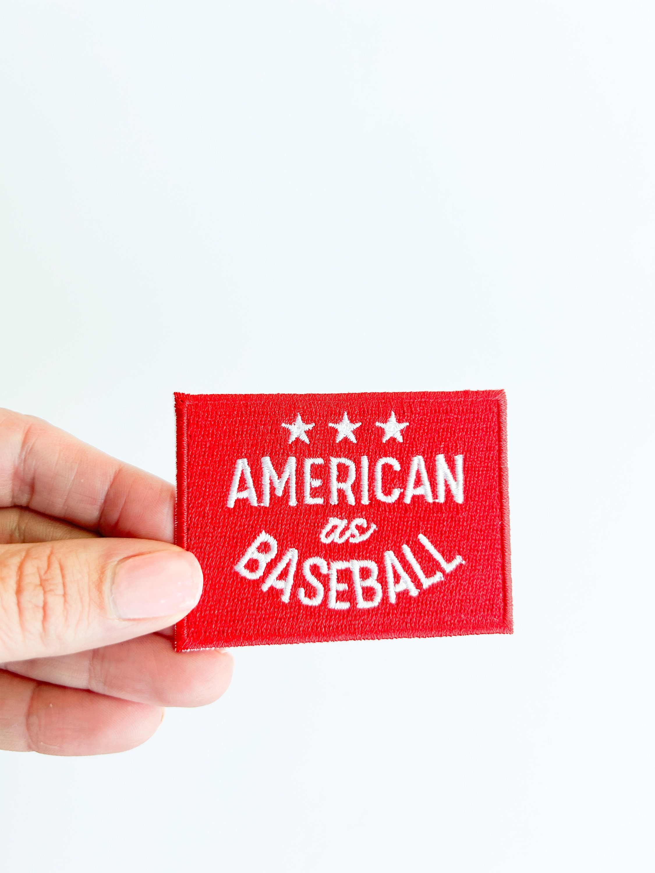 Red American as Baseball Iron-On Patch Embroidered Patch for Hat, Clothing or Bag, Bachelor Party Sports Fan Boy Birthday Patriotic Home Run