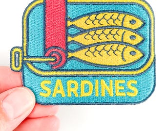 Parche de sardinas: parche retro bordado termoadhesivo para amantes de la gastronomía, campistas, pescadores, estilo costero, regalos de pesca, parches divertidos.