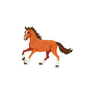 May include: Embroidered patch of a running horse. The horse is mainly orange with a brown mane and tail. White markings are on the face and legs. The patch has a white border and is set against a white background.