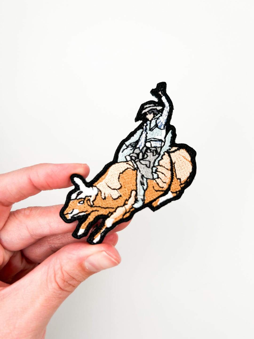 Cowboy on Bucking Bull Embroidered Iron-on Patch – Brown & Blue – Rodeo ...
