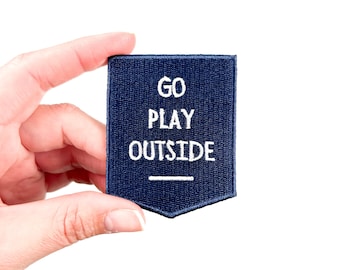 Navy Go Play Outside Iron-On Patch Embroidered Patch for Hat, Clothing Bag, Nature, Hike, Camp Adventure Birthday Fishing Nature Outdoors