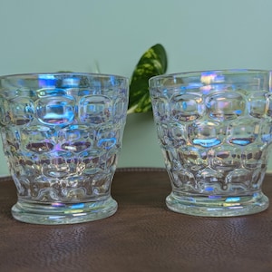 Set von 2 Vintage Bundesglas Kolonial irisierend Doppel Altmodische Gläser Fingerabdruck Pressglas Saft Gläser