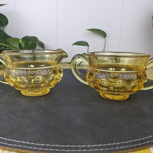 Vintage Indiana Glass Yellow Topaz Kings Crown Thumbprint Cream and Sugar Breakfast Set