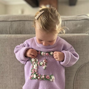 Personalised Childrens Floral Initial Jumper Hand Embroidered Name Jumper Personalised Oversized Kids Jumper Custom Birthday Jumper Gift