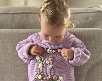 Personalised Childrens Floral Initial Jumper Hand Embroidered Name Jumper Personalised Oversized Kids Jumper Custom Birthday Jumper Gift