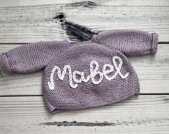 Personalised Hand Knitted Baby Cardigan Name Cardigan Hand embroidered cardigans Baby Gift Baby Arrival Name Knit 0 to 3 months