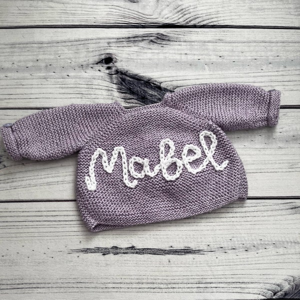 Personalised Hand Knitted Baby Cardigan Name Cardigan Hand embroidered cardigans Baby Gift Baby Arrival Name Knit 0 to 3 months