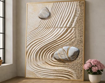 Zen Garden Rocks Canvas Wall Art, Minimalist Sand Pattern Design, Calm Nature Decor, Modern Tranquil Canvas, Neutral Tones Wall Hanging