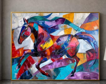 Vibrant Abstract Horse Canvas Wall Art, Colorful Animal Painting, Modern Equestrian Decor, Dynamic Home Decoration, Ready to Hang